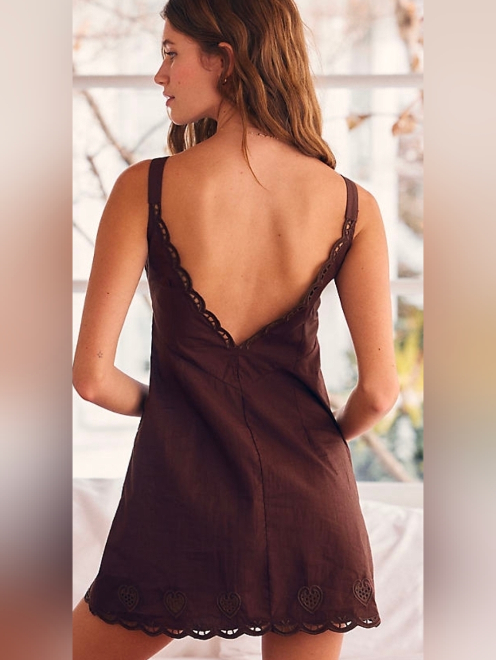 Anthropologie LyreBird Brown Embroidered Eyelet Mini Shift Dress - Picture 3 of 3